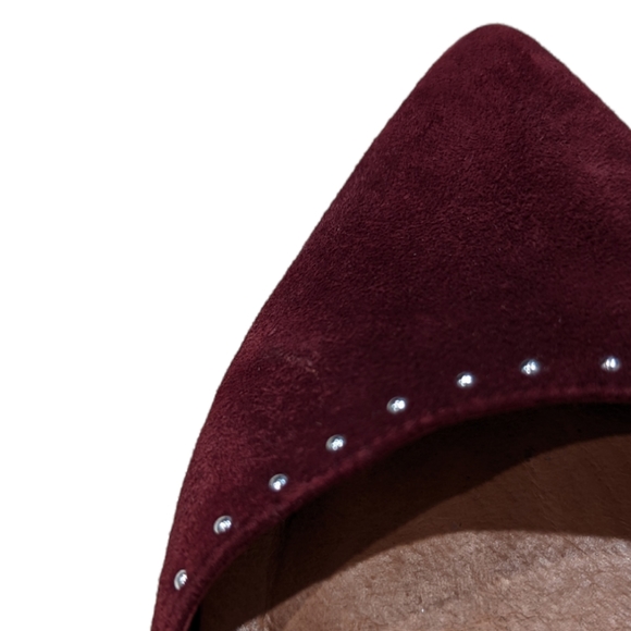 Halogen Burgundy Suede Silver Studded Pointed Toe Cross Strap D'orsay Flats - Picture 5 of 5